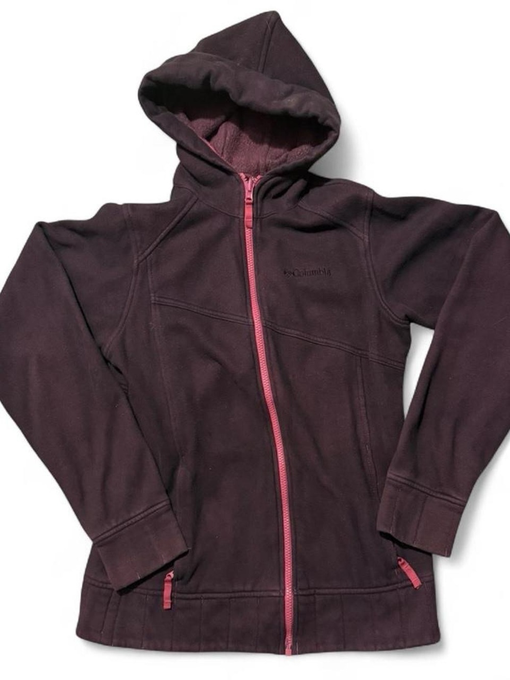 Columbia Girls' Maroon Zip Front Hooded Fleece with Pink Zipper